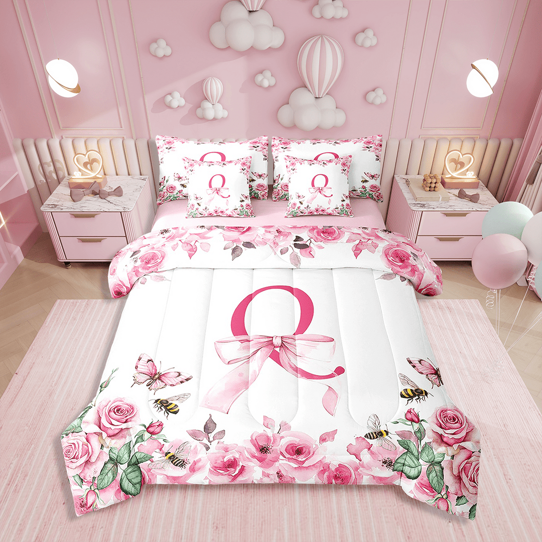 Erosebridal Comforters Twin Size Set with Sheets Initial Letter Bedding,7 Pieces Bed in a Bag Twin Bowknot Alphabet Bedding Sets with Comforter,Sheets,Pillowcases and Shams
