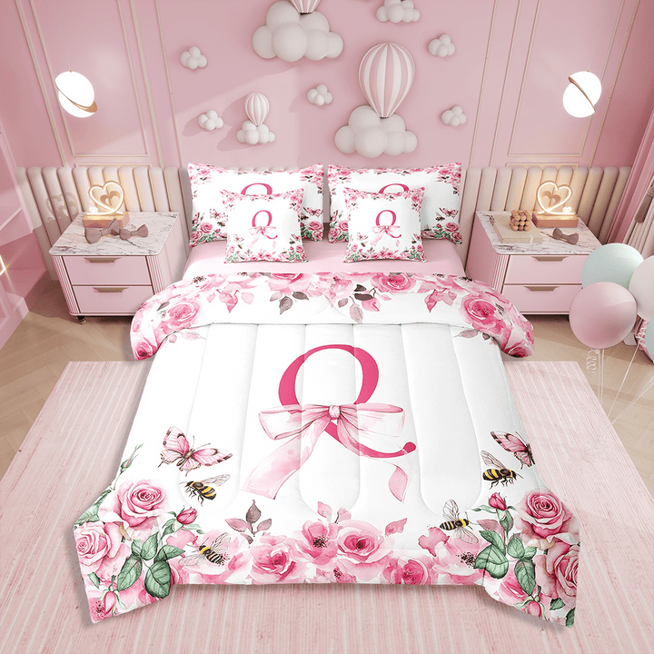 Erosebridal Comforters Twin Size Set with Sheets Initial Letter Bedding,7 Pieces Bed in a Bag Twin Bowknot Alphabet Bedding Sets with Comforter,Sheets,Pillowcases and Shams