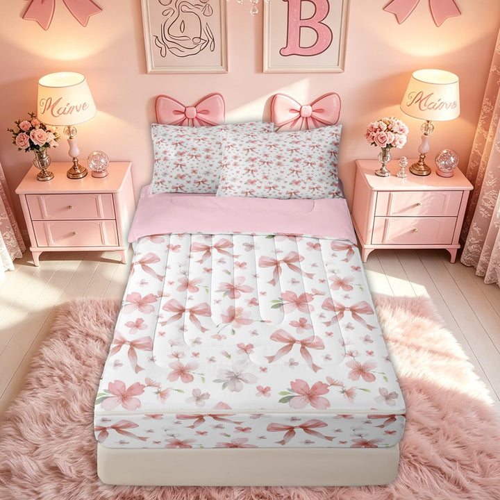 meiyoeat Orange Princess Bowknot Zipper Full Size Comforter Sets with Fitted Sheet and 2 Pillowcases for Women Girls, Spring Blossom Flower Zipper Bedding Set, Pink Reversible, 4-Piece