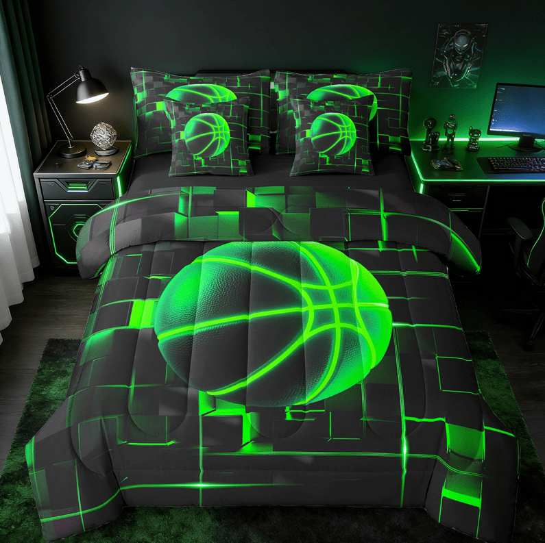 Erosebridal Green Basketball Bed in a Bag Twin Size,Modern Geometric Grid Bed Set,Glowing Neon Light Bedding Twin Size For Teens,Breathable Room Decor Reversible,7 Pieces