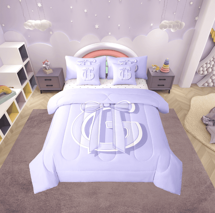 Erosebridal Initial G Letter Bedding Sets Twin Size, Princess Bow Comforter Sets with Sheets, Purple Monogrammed Reversible Bed Set, Microfiber Room Decor, 7-Piece
