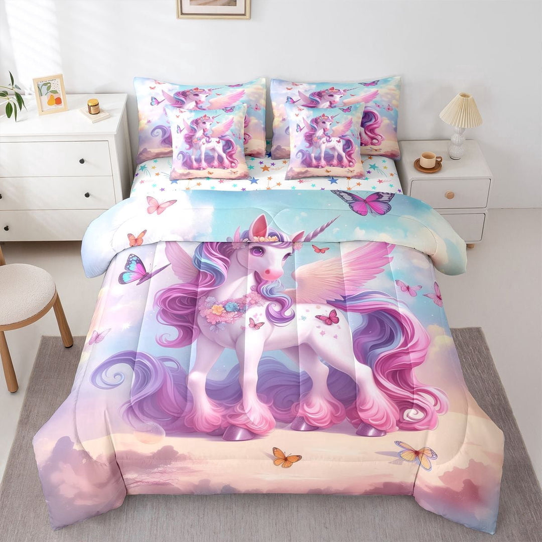 Erosebridal Pink Animal Unicorn Twin Bedding Sets 7-Piece For Girls Boys,Kids Flying Butterflies Bedding Comforter Set,Microfiber Bedroom Decor