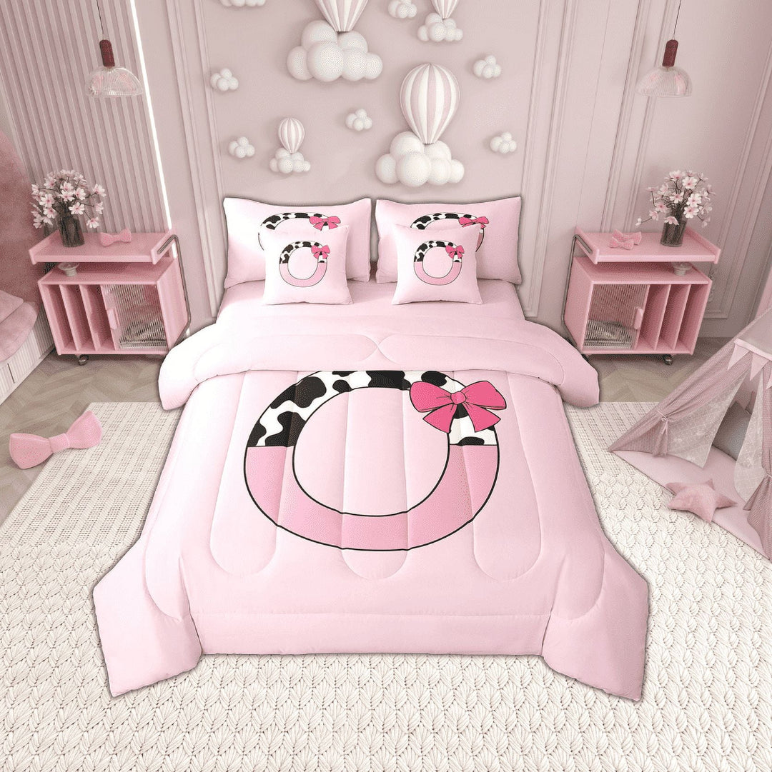 Erosebridal Monogrammed Letter Bedding Sets Twin Size,Cattle Print Comforter Sets with Sheets,Ultra Soft Reversible Bed in a Bag Twin size,Pink Bow Tie Decoration,7pcs