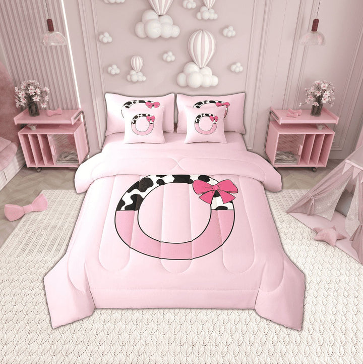 Erosebridal Monogrammed Letter Bedding Sets Twin Size,Cattle Print Comforter Sets with Sheets,Ultra Soft Reversible Bed in a Bag Twin size,Pink Bow Tie Decoration,7pcs