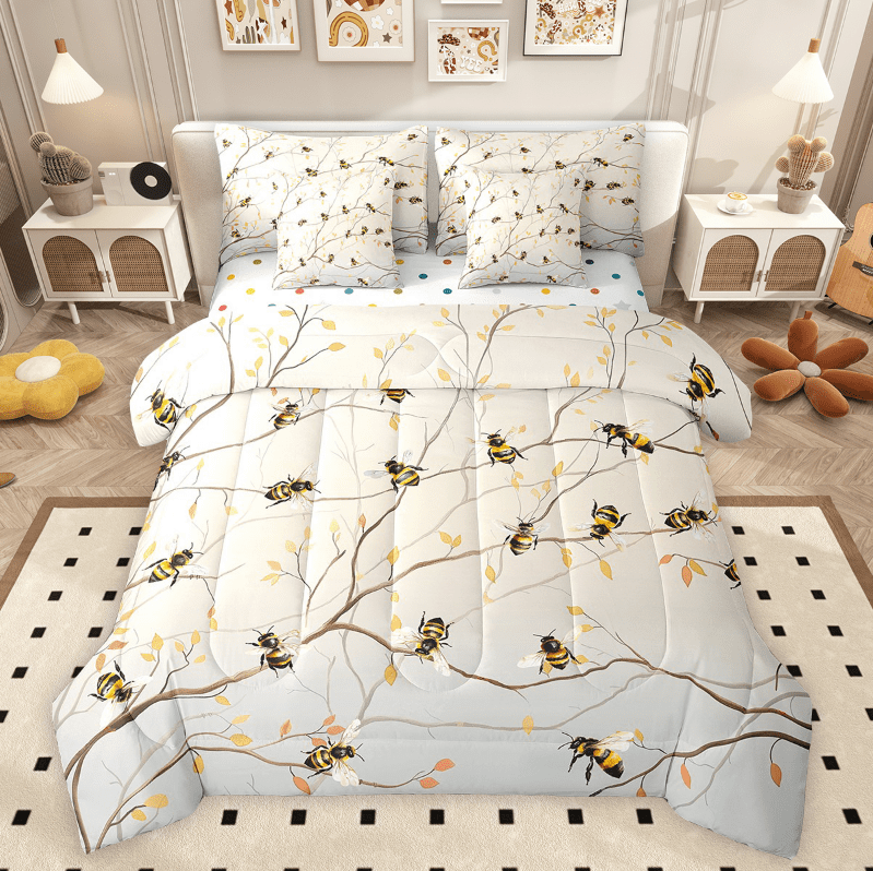 Erosebridal Honey Bee Bedding King Size, Cute Animals Comforter Sets with Sheets, 7pcs Bedroom Decor
