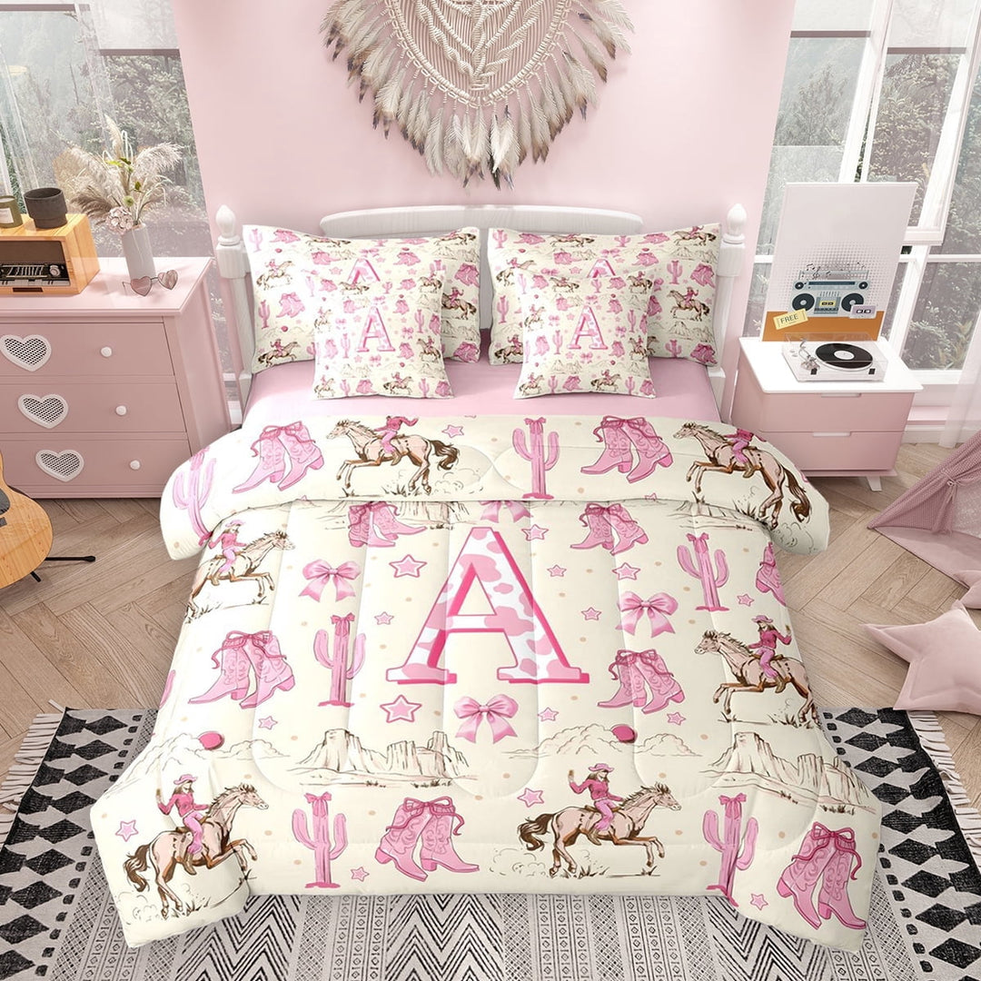 Erosebridal Western Cowgirl Twin Bedding Sets for Girls, Personalized Initial A Bedding Comforter Set, Pink Reversible, 7pcs