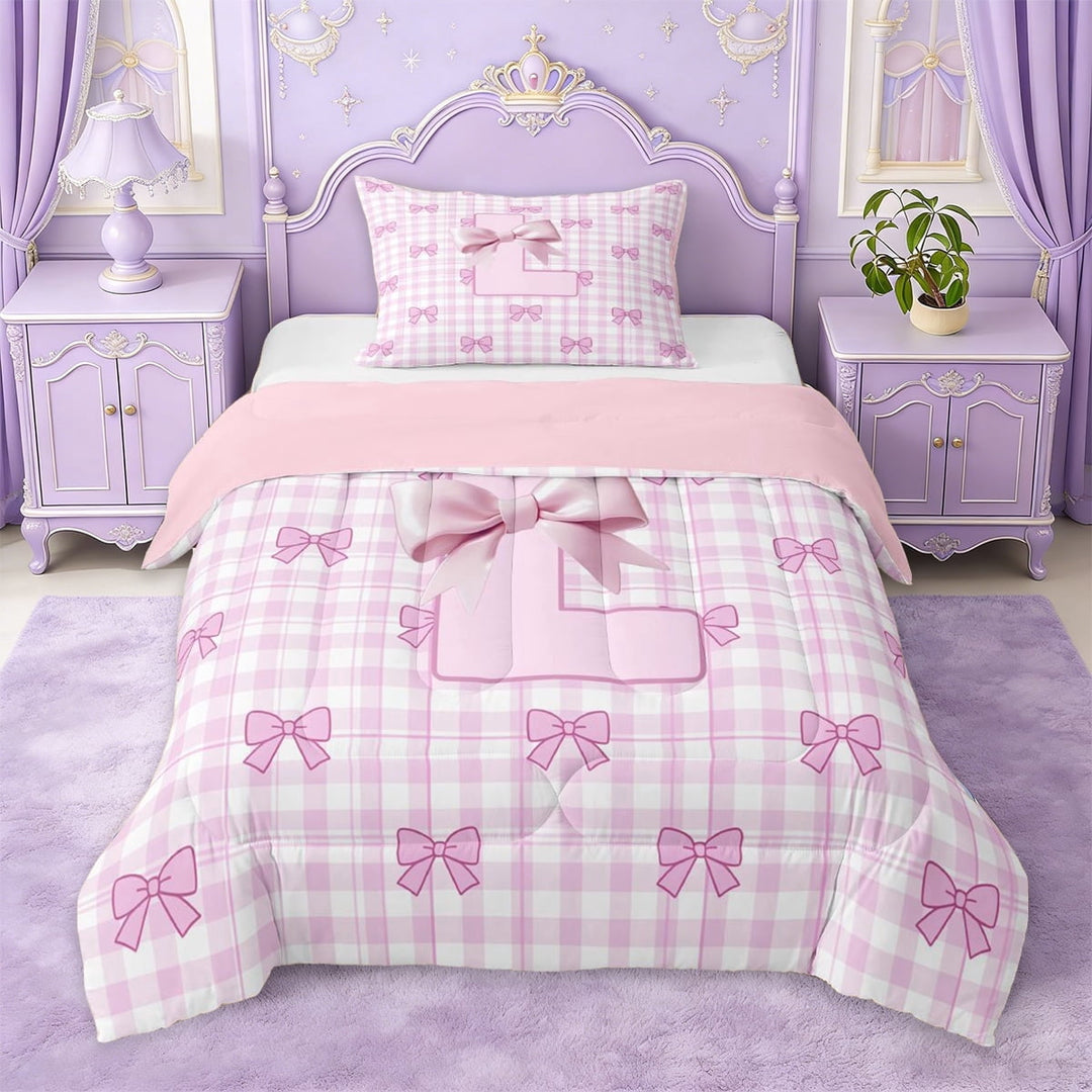 Erosebridal Pink Letter L Monogram Twin Comforter Sets,Princess Bowknot Bedding Set For Kids Girls,Pink Reversible,2 Pieces