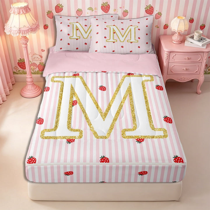 Meiyoeat Cute Gold Letter M Zipper Twin Comforter Sets with Fitted Sheet and 2 Pillowcases, Strawberry Stripe Print Zipper Bedding Set, Pink Red,4-Piece,Pink Reversible