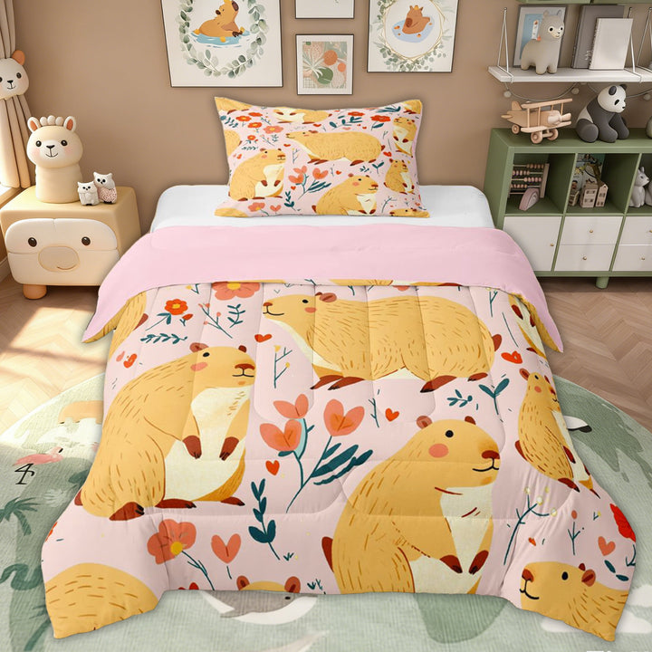 Erosebridal Kid Cute Capybara Twin Comforter Sets, Flower Floral Bedding Set, 2-Piece, Pink Reversible