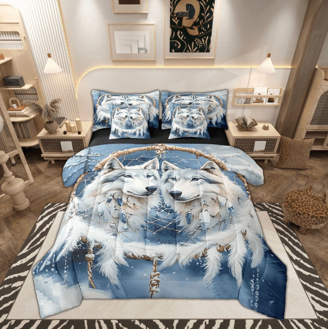 White Wolves Bed Set in a Bag 7 Pcs,Wild Wolf Jungle Animal Snowy Bedding Set,Tribal Dreamcatcher Feather Blue White Comforter with Fitted,Flat Sheet,Pillowcase,Pillow Covers,Queen