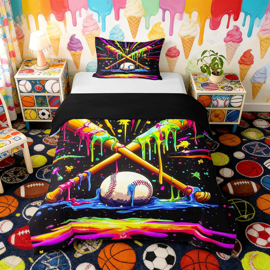 Erosebridal Psychedelic Baseball Twin Bedding, Cute Sport Duvet Cover Set for Girls and Boys, Black Reversible 2 Pieces, 1 Duvet Cover and 1 Pillowcase