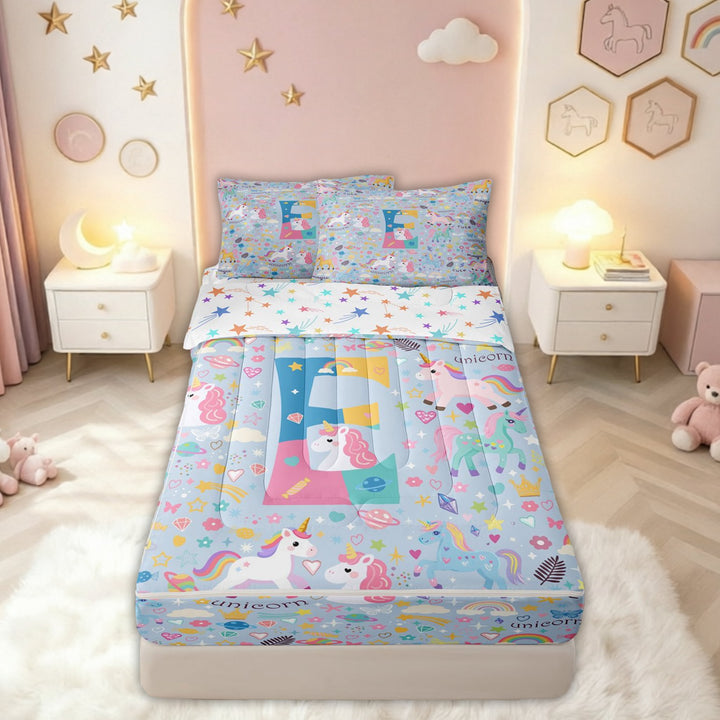 meiyoeat Cute Unicorn E Initial Zipper Comforter Set with Fitted Sheet and 2 Pillowcases for Kids, Cartoon Monogram Zipper Bedding Set, Blue Multicolor, Colorful Star Reversible, 3 Pieces