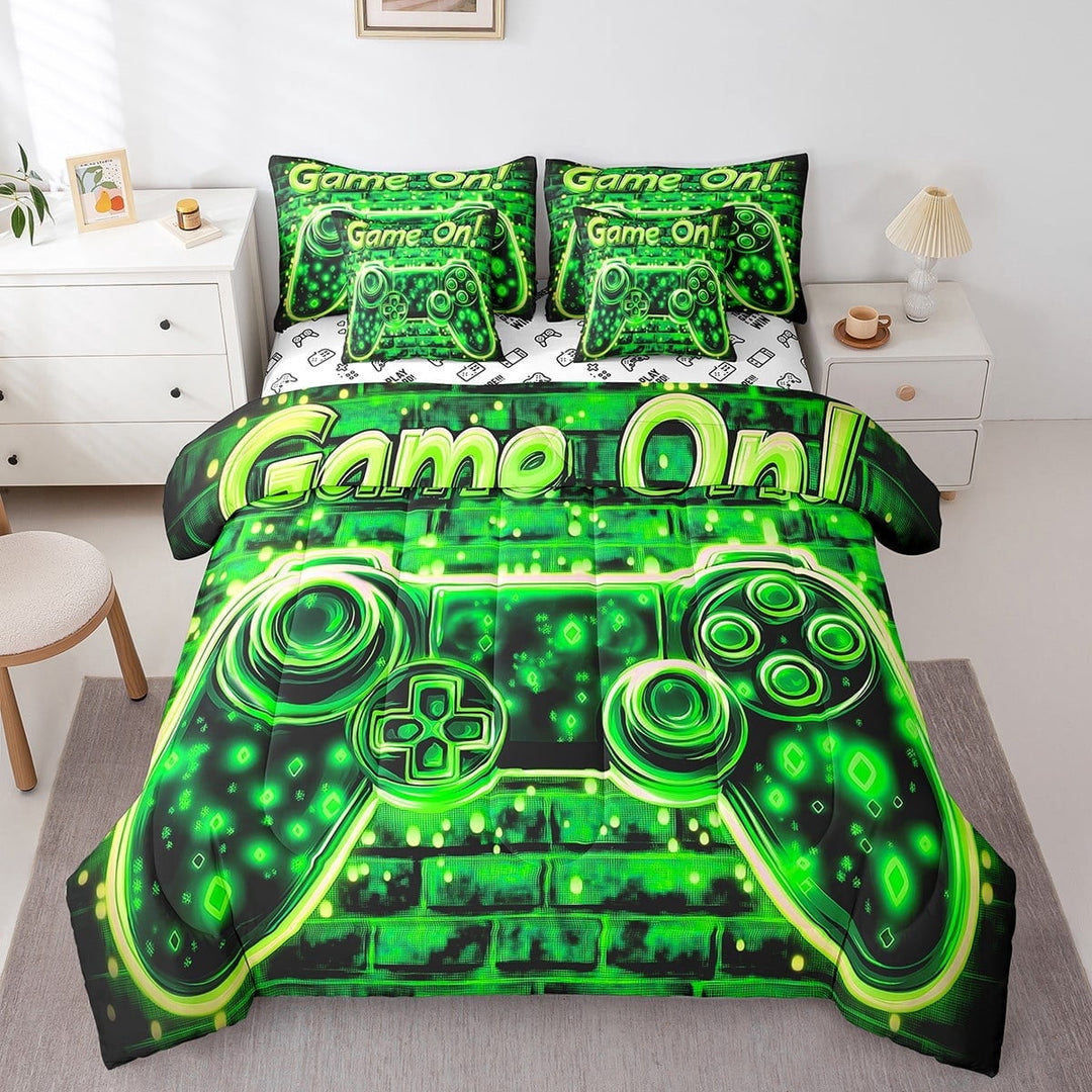 Gaming 7 Pieces Bedding Set Queen Bed in a Bag, Game Neon Gamepad Comforter Set with Comforter,Flat,Fitted Sheet,Pillowcases,Pillow Covers,Teens Game Lover Soft Warm Bedding