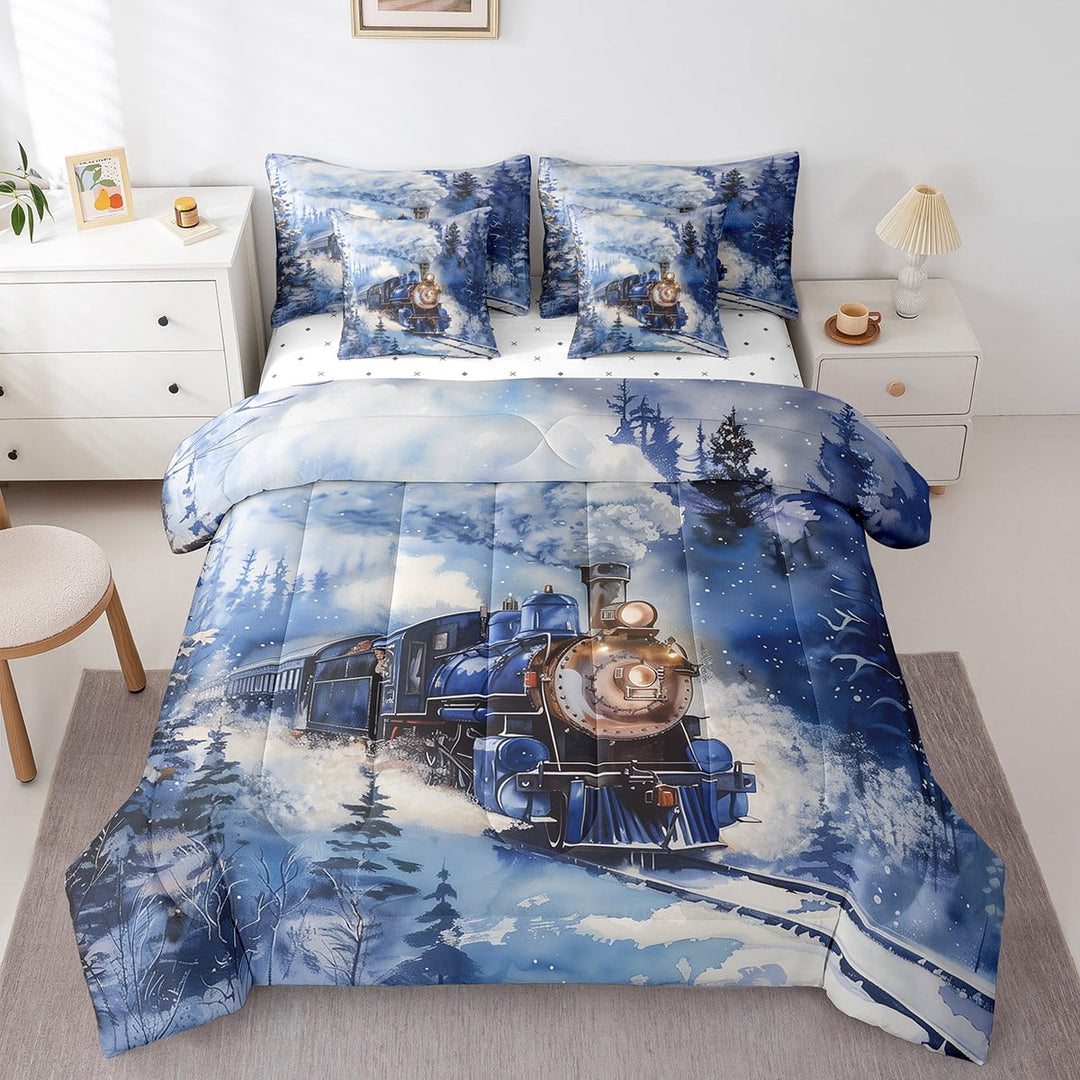 7 Pcs Train Bedding Set , Twin Steam Locomotive Comforter Set Nature Tree Mountain Sheets And Pillowcase, Natural Woodland Bed In A Bag, Soft Microfiber Bed Set Teens