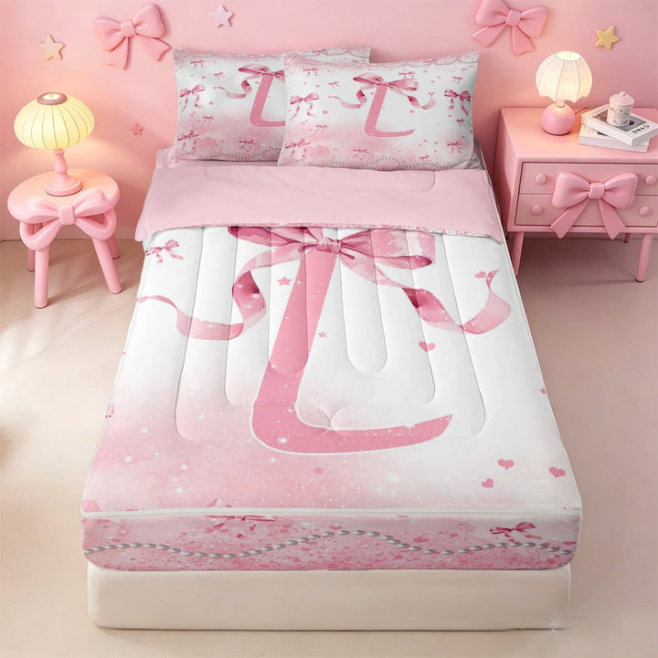 meiyoeat Pink Ribbon Bow Zipper Full Size Comforter Sets with Fitted Sheet and 2 Pillowcases,Glitter Print 3D Initial Letter L Kids Zipper Bedding Set For Girl,Pink Reversible,4-Piece