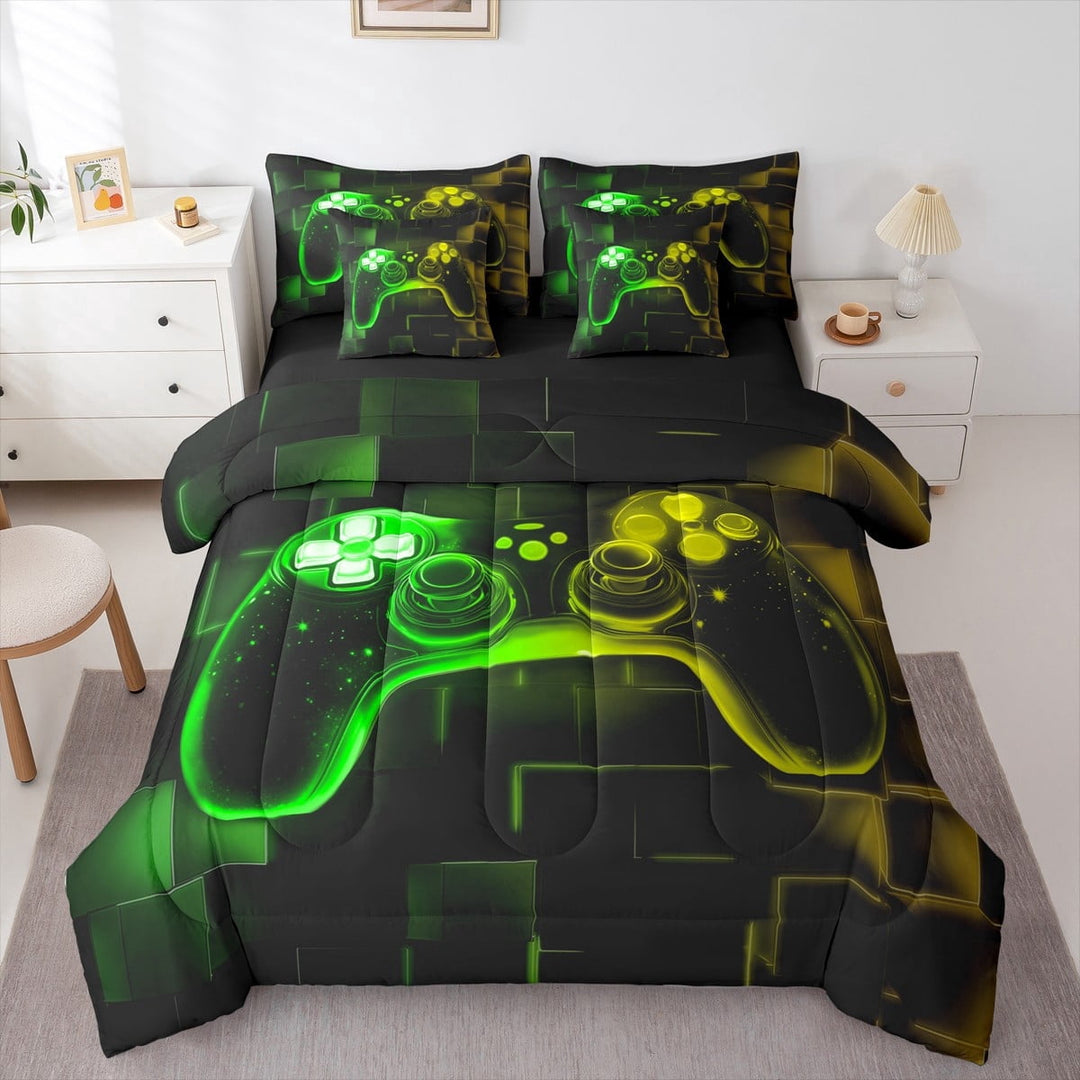 Erosebridal 7Pcs Gamer Comforter Set King,Gaming Bedding Comforter Set,Video Games Gamepad Bed In A Bag Neon Glowing Square Geometric Grid Yellow Green Bed Sets With Comforter And Sheets
