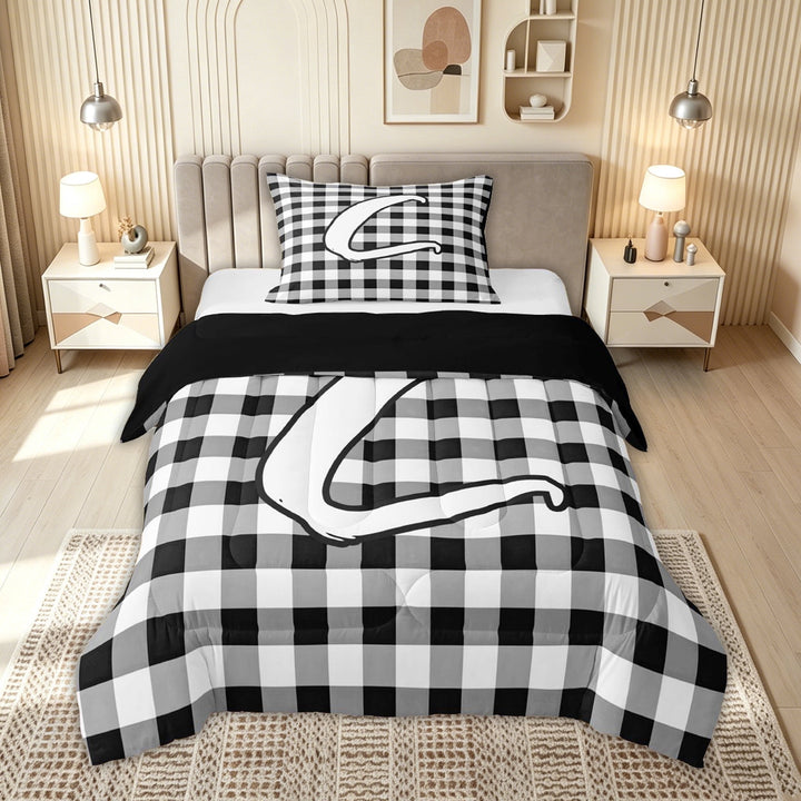 meiyoeat Graffiti Letter C Full Size Comforter Sets for Boys, Checkered Grid Bedding Comforter Set for Kids, Black White, Black Reversible, 3-Piece, 1 Comforter and 2 Pillowcases