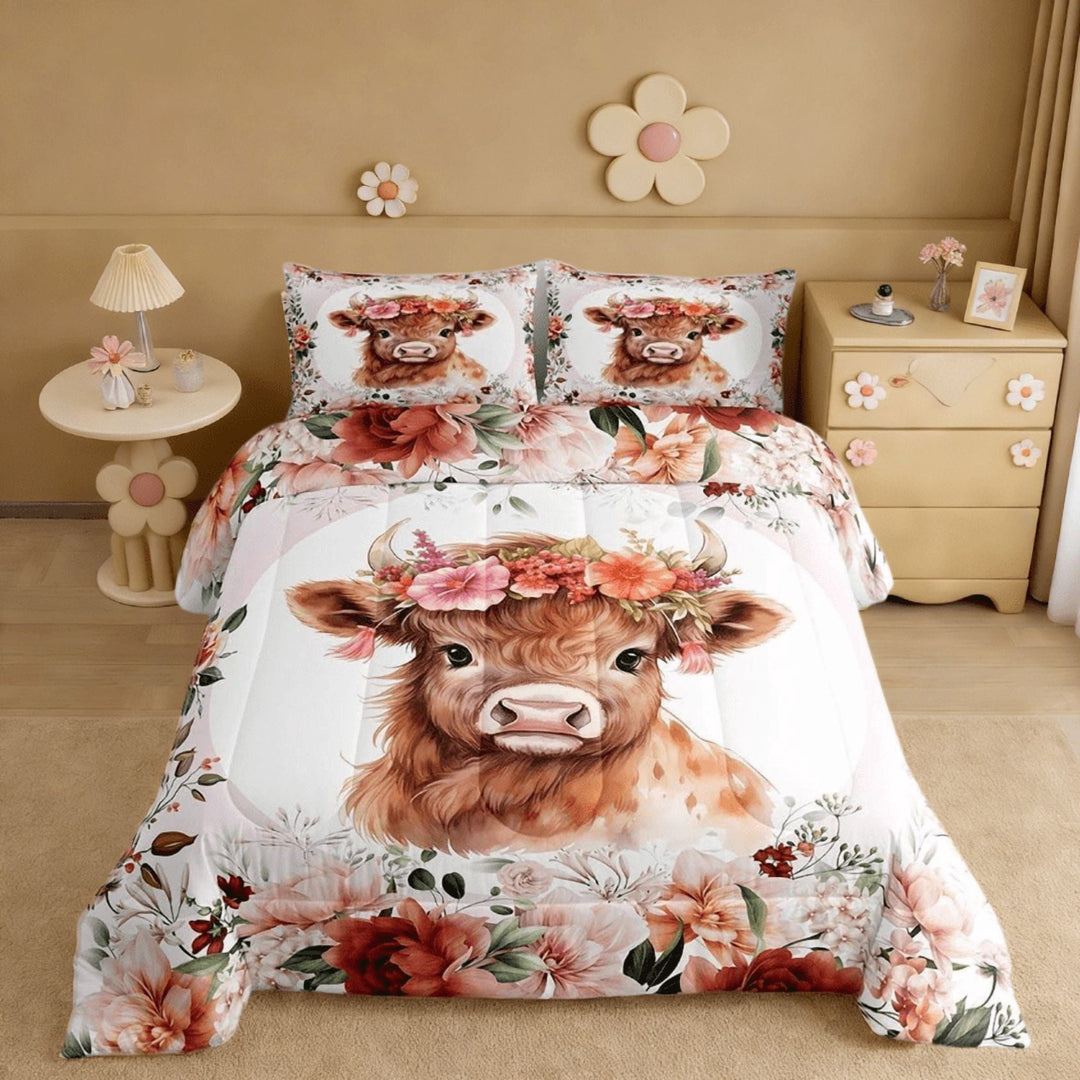 Manfei Cute Highland Cow Full Size Comforter Sets,Cartoon Animal Flower Floral Print Farm Theme Bedding Sets For Teens 3 Pieces
