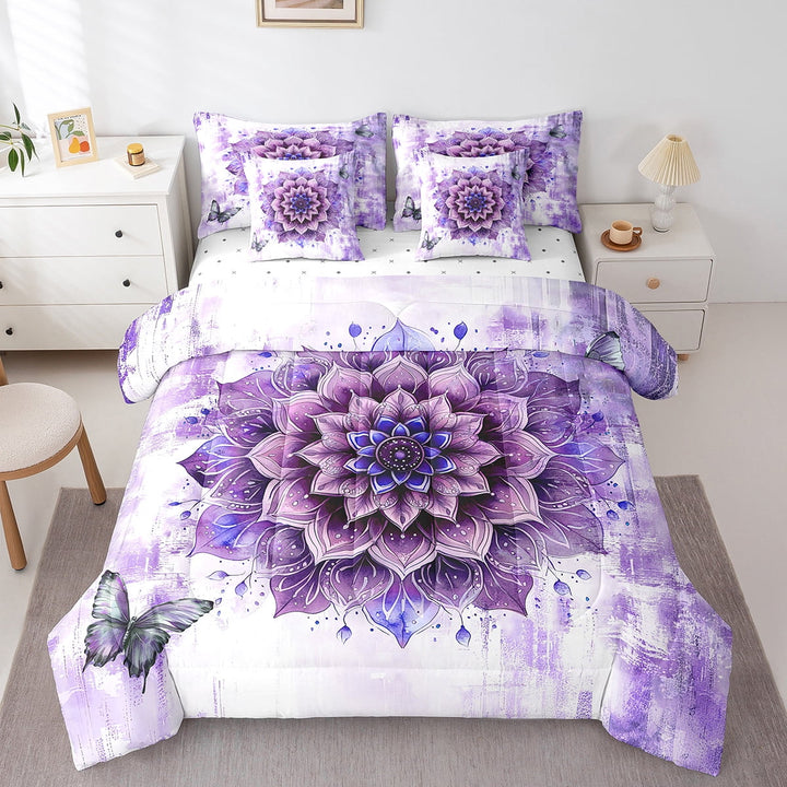 Chic Floral Bedding Comforter Sets 7pcs Women Mandala Flower Bed in a Bag,Purple Ombre Twin Bedding Sets Gradient Oil Painting Comforter Set,Vintage Watercolor Bedding Sets &amp; Collections