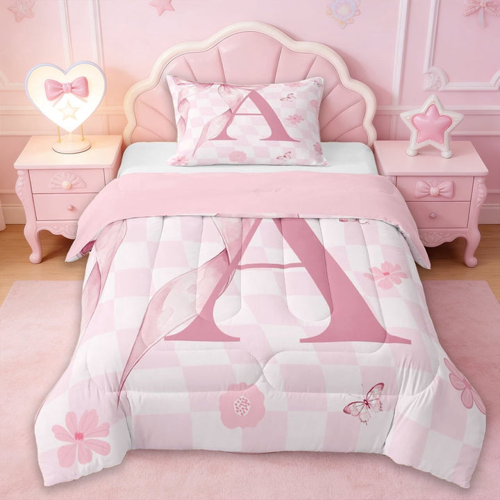 Erosebridal Pink Bowknot Kids Twin Comforter Sets,Letter A Alphabet Bedding Set For Girl,Reversible pink,2 Pieces
