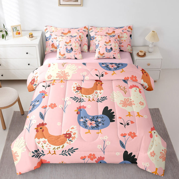 Erosebridal 7Pcs Farmhouse Chicken Twin Bedding Sets,Cartoon Animal Rooster Bedding Comforter Set,Chic Floral Flowers Bedding Set
