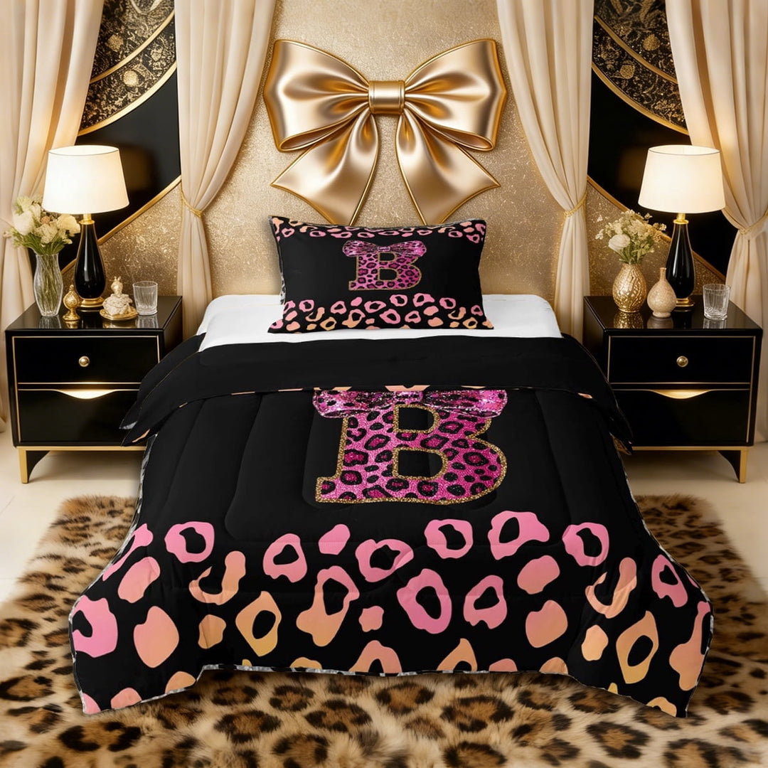 Erosebridal Personalized Initial B Twin Comforter Sets 3-Piece for Teens Women,Girls Cheetah Print Bow Knot Bling Glitter Print Bedding Set,Black Reversible,Lightweight Room Decor