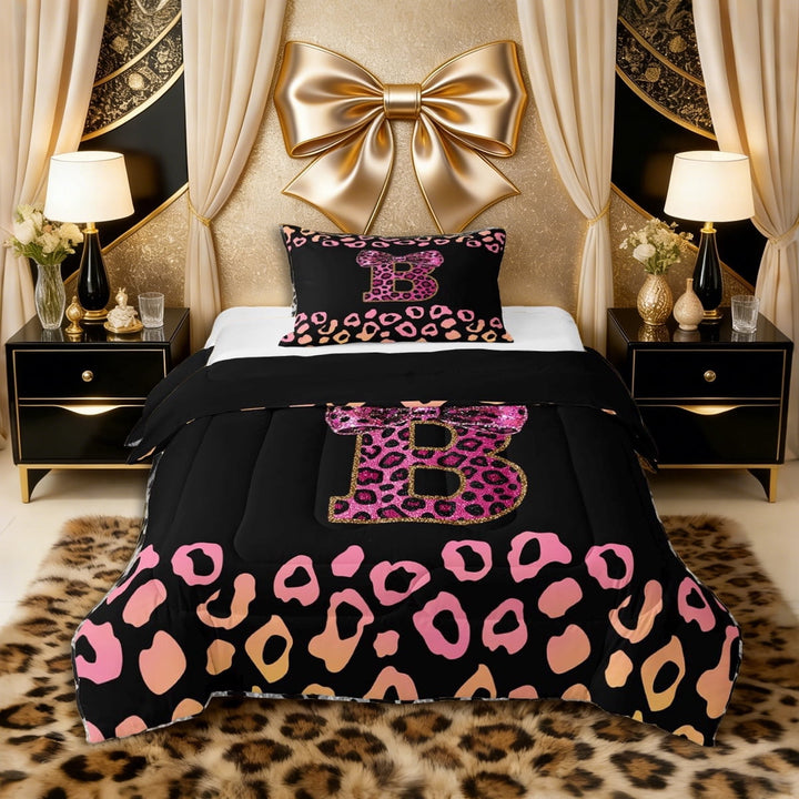 Erosebridal Personalized Initial B Twin Comforter Sets 3-Piece for Teens Women,Girls Cheetah Print Bow Knot Bling Glitter Print Bedding Set,Black Reversible,Lightweight Room Decor
