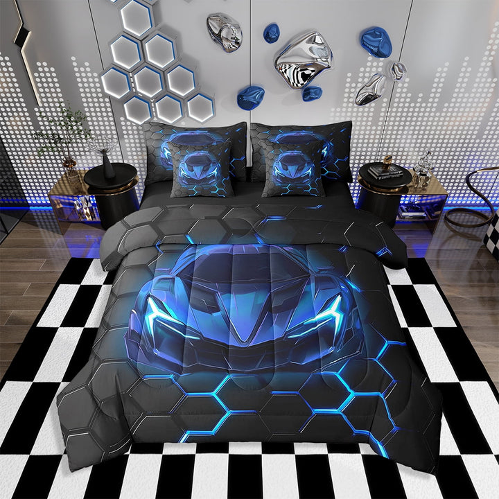 Erosebridal Race Car Bedding 7PCS Twin Size Comforter Sets Neon Honeycomb Bedding Sets Racing Car Bed in a Bag,1 Comforter,1 Flat Sheet,1 Fitted Sheet,2 Pillowcases,2 Throw Pillow Covers