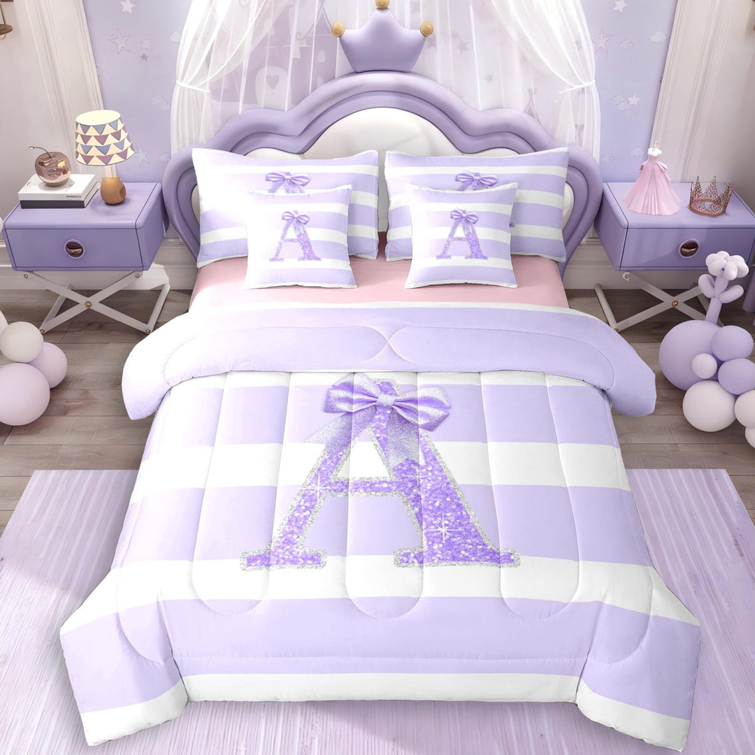 Erosebridal Glitter Print Personalized Initial A Girl Twin Bedding Sets 7-Piece,Kids Teens Purple Bow Geometric Stripes Bedding Comforter Set,Pink Reversible