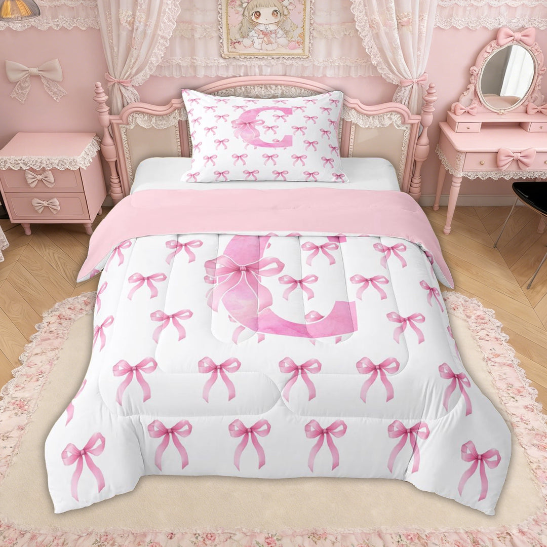 Erosebridal Bow Letter C Twin Comforter Sets for Girls, Pink Watercolor Ribbon Bedding Set, Pink Reversible, 2-Piece