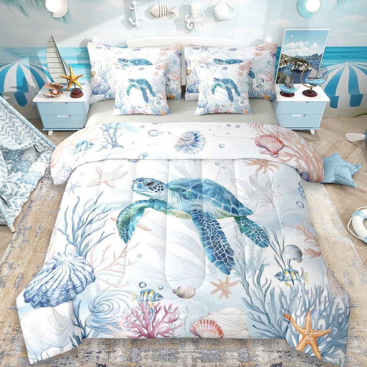 Erosebridal Watercolor Underwater Word 7-Piece Twin Bedding Sets,Ocean Marmine Sealife Turtle Bedding Comforter Set For Kids,Reversible