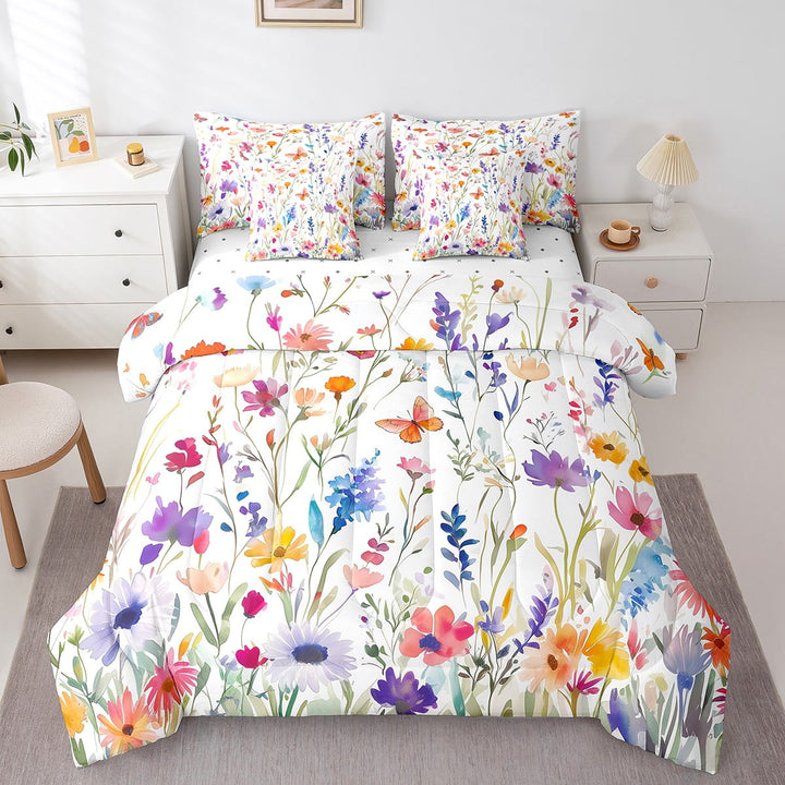 Queen Daisy Floral Comforter Sets 7-Piece,Butterfly Bedding Set with Sheets Bed in a Bag,Oil Painting Watercolor Bed Sheets Set,Colorful Flower Blossom Down Comforter with 2 Pillow Covers
