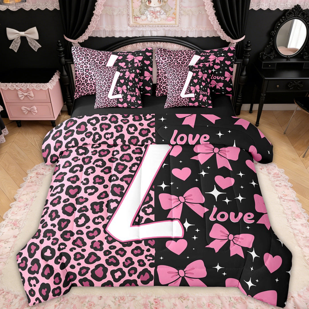 Erosebridal Leopard Print Letter L Bedding Comforter Set for Girls, Pink Initial Ribbon Full Bedding Set, Black Reversible, 7 Pieces