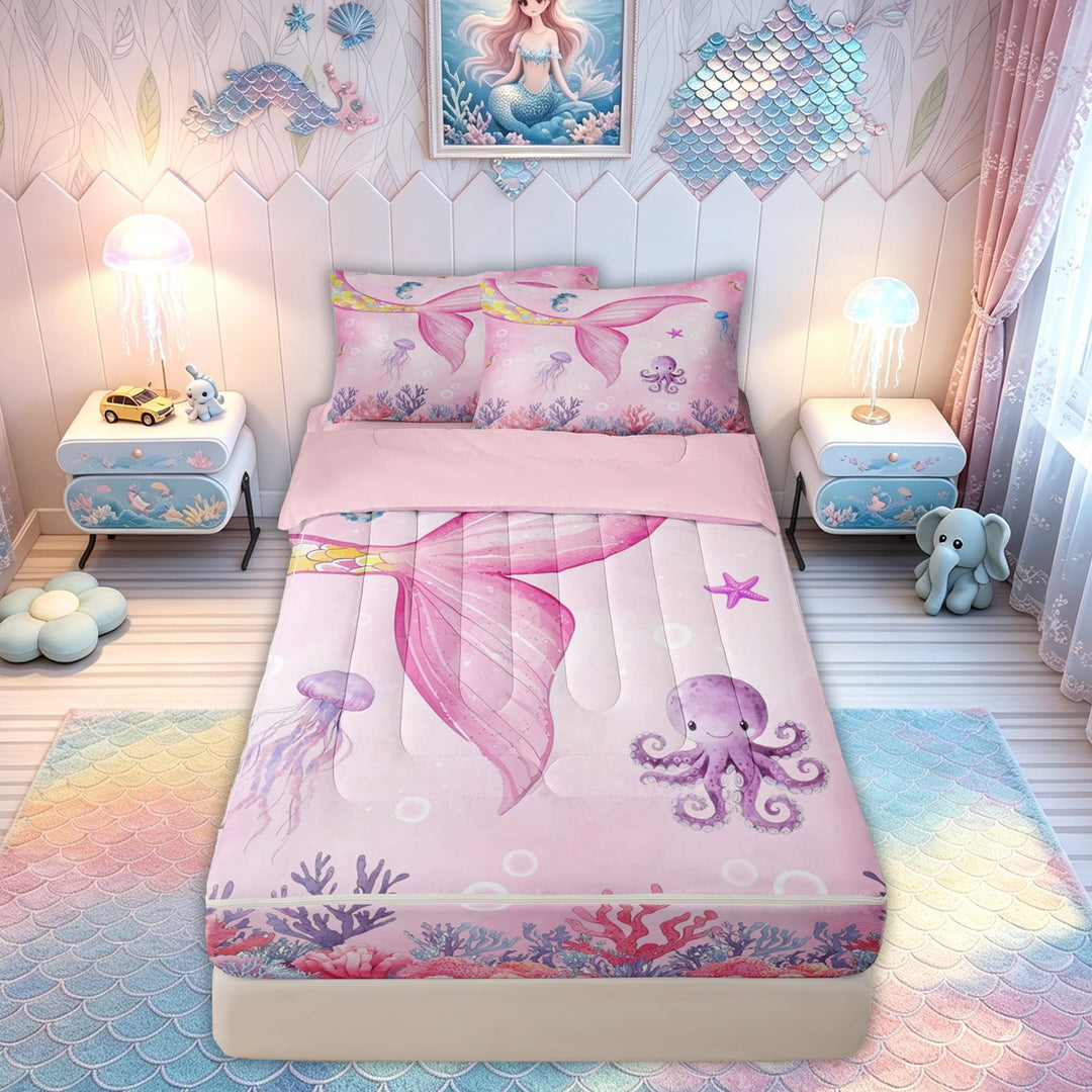 meiyoeat Watercolor Pink Mermaid Tail Ocean Zipper Comforter Set with Fitted Sheet and 2 Pillowcases for Girls, Jellyfish Coral Fairy Marine Zipper Bedding Set, Pink, Pink Reversible, 3 Pieces