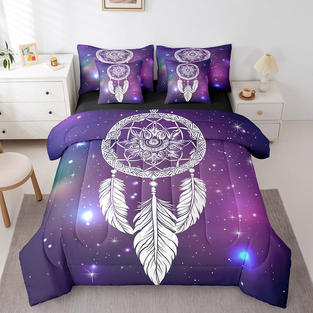 Dreamcatcher Bedding Queen Size 7pcs, Bohemian Style Feather Lightweight Comforter Set, Boho Galaxy Teens Bedding Comforter Sets Bed in a Bag, Purple White Shiny Stars Bed Sheets Set