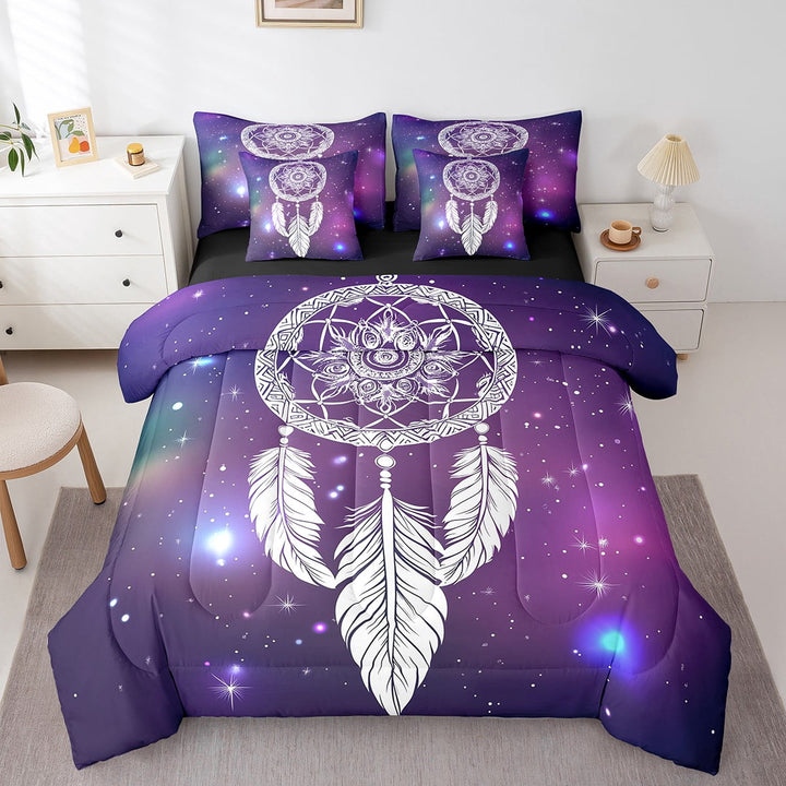 Dreamcatcher Bedding Queen Size 7pcs, Bohemian Style Feather Lightweight Comforter Set, Boho Galaxy Teens Bedding Comforter Sets Bed in a Bag, Purple White Shiny Stars Bed Sheets Set