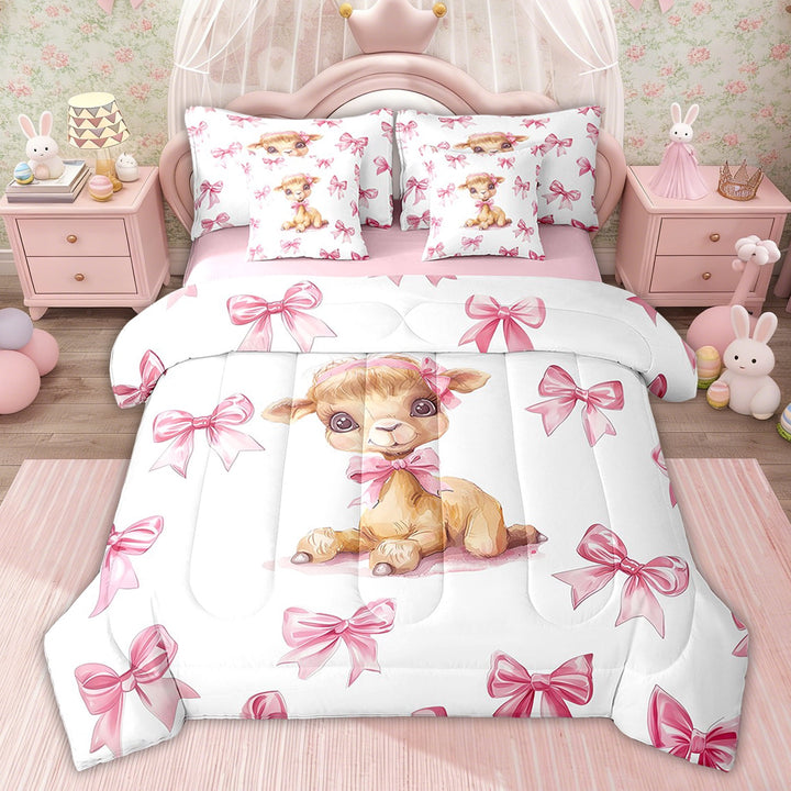 Erosebridal Girls Cute Deer Bedding Twin Comforter Set, Kawaii Animal Bedding Set, Princess Style Decor, Pink Reversible 7-Piece