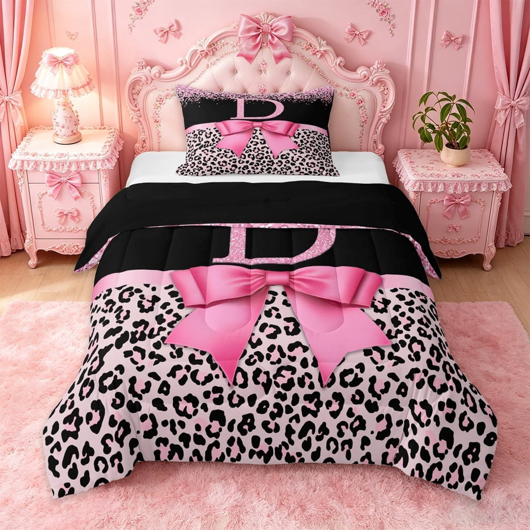 Erosebridal Leopard Pattern Personalized Gifts Twin Comforter Sets,Pink Bowknot Theme Alphabet D Bedding Set For Adult Women,Black Reversible,2 Pieces