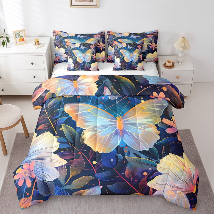 Blue Butterfly Bedding Comforter Sets 7pcs Lady Pink Floral Bed in a Bag, Chic Flower Twin Bedding Sets Cute Animal Comforter Set, Botanical Leaves Bedding Sets &amp; Collections