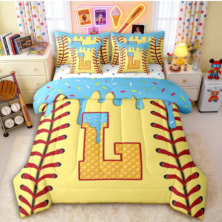 Erosebridal Light Blue Dripping Baseball Stitch &amp; Waffle Letter L Graphic Twin Bedding Sets 7-Piece, Alphabet Graphic Bedding Comforter Set for Boys And Girls Kids,Lightweight Room Decor