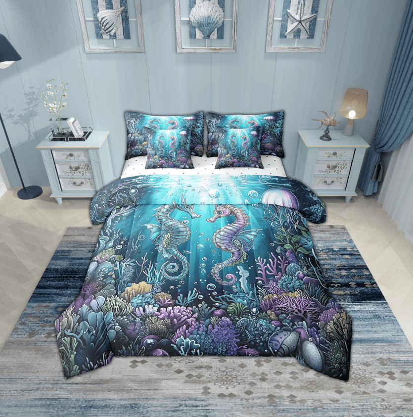 Erosebridal Marine Seahorse Bedding Sets Twin Size,Underwater World Comforter Sets with Sheets,Peincess Bedroom Decor,Reversible,Breathable,7pcs