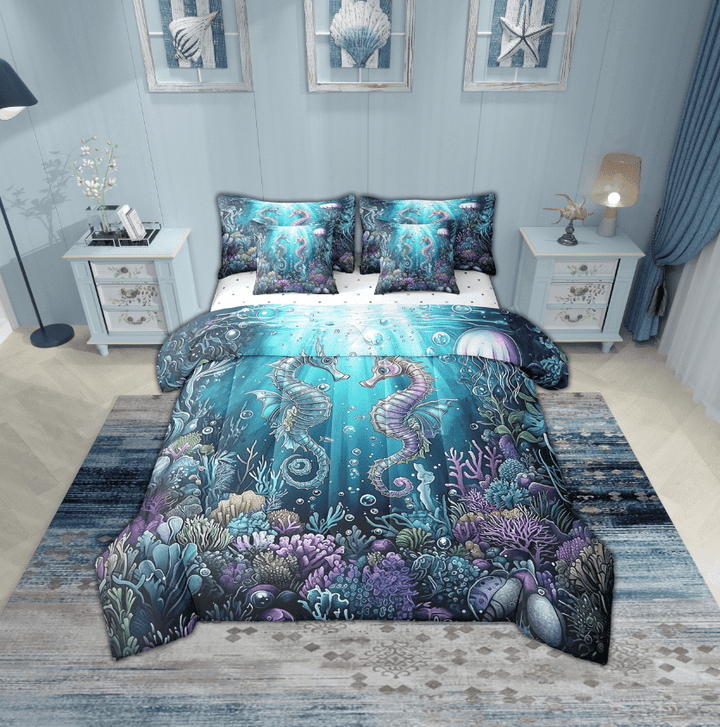 Erosebridal Marine Seahorse Bedding Sets Twin Size,Underwater World Comforter Sets with Sheets,Peincess Bedroom Decor,Reversible,Breathable,7pcs