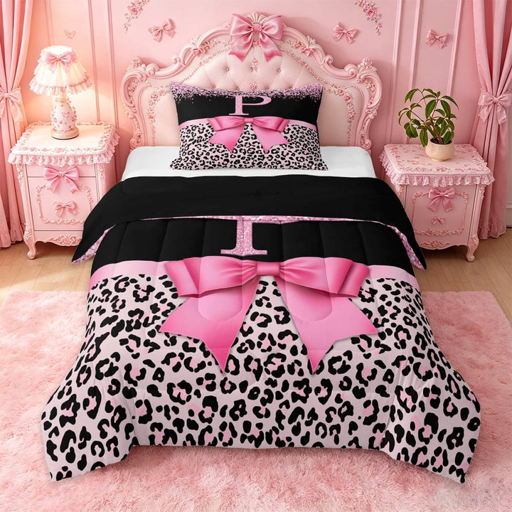 Erosebridal Women Cheetah Printed Twin Comforter Sets,Leopard Pattern Letter P Initial Theme Bedding Set For Girls Kids,Black Reversible,2 Pieces