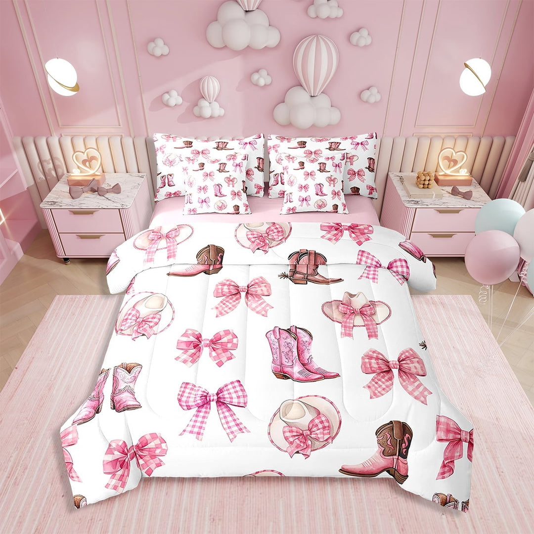 Eosebridal Pink Cowgirl Comforter Set 7 Pieces Twin Size,West Bowknot Bedding Set,Farm Hat Boots Bed in a Bag,Comforter + Sheets + Pillowcases + Cushion Covers