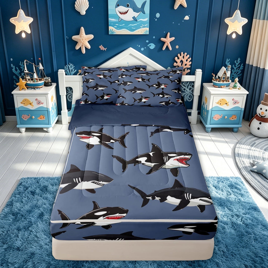 meiyoeat Kawaii Whale Shark Zipper Twin Comforter Sets with Fitted Sheet and 2 Pillowcases for Kids Boys Girls, Cartoon Sea Animal Zipper Bedding Set, Navy, Blue Reversible, 4pcs