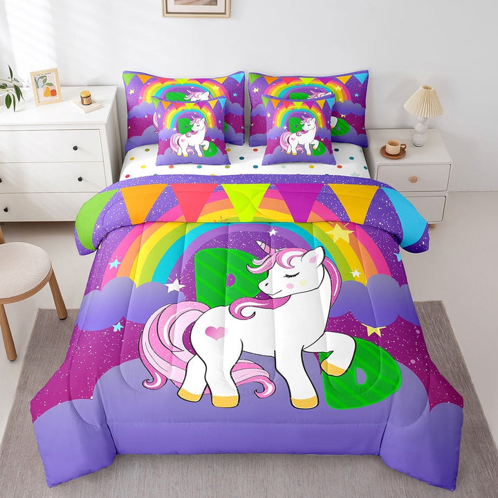 Erosebridal Green Monogrammed D Bedding Twin Size, Kawaii Unicorn Bed Set, Cute Animal Reversible Bed in a Bag Twin size, Lightweight Room Decor, 7-Piece