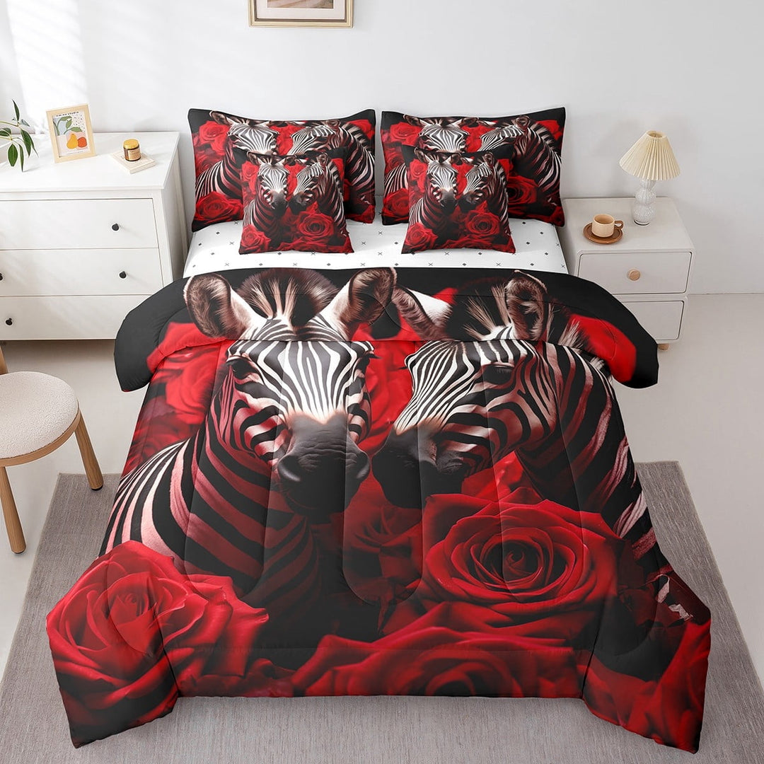 Zebra Bed in a Bag King Size Comforter Set 7 Pieces,Red Rose Flowers Bedding Sets Black and White Stripes Bed Set,Wild Animals Sheet Set with Comforter