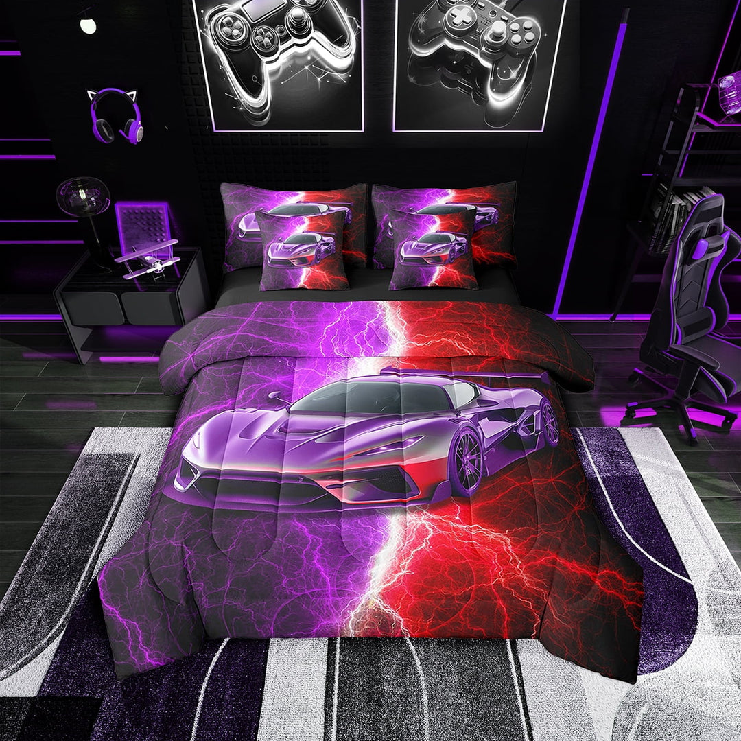 Erosebridal Purple Sports Car Bedding Twin Size 7pcs, Lightning Print Comforter Sets with Sheets, Reversible