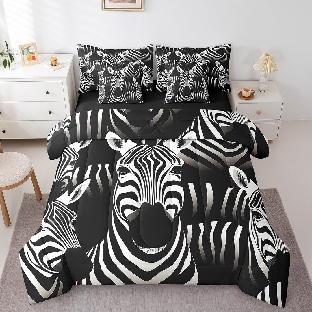 Zebra Bedding Set Queen Size, Black White Stripes Animals Comforter Set, Wildlife Zebra Print Teens (Comforter+Fitted+Flat Sheet+2 Pillowcases+2 Throw Pillow Covers) 7 Pieces Bed Set