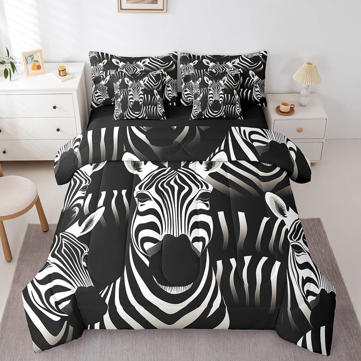 Zebra Bedding Set Queen Size, Black White Stripes Animals Comforter Set, Wildlife Zebra Print Teens (Comforter+Fitted+Flat Sheet+2 Pillowcases+2 Throw Pillow Covers) 7 Pieces Bed Set